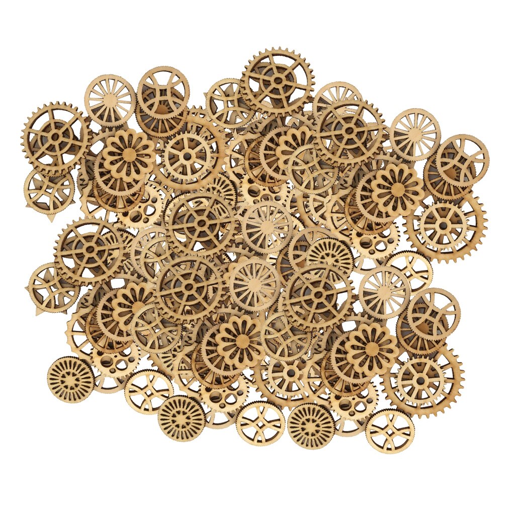 100Pcs Wooden Embellishments Crafts with Gear Shaped Hollow Decoration Crafts for DIY Albums Birthdays Parties Decorations