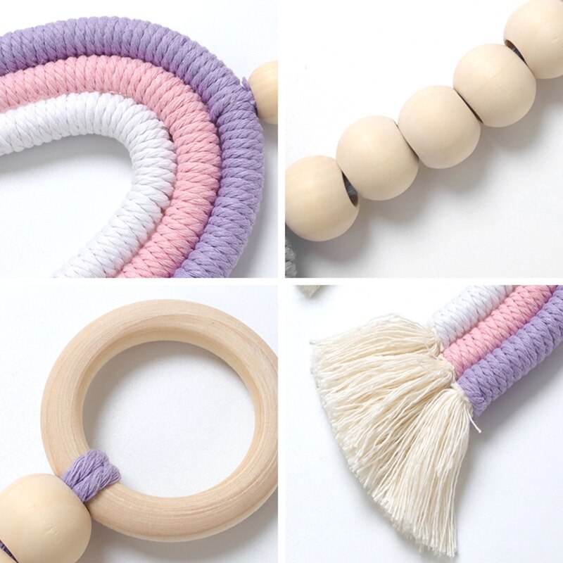 Rainbow Tassel Macrame Baby Wooden Teething Ring Infants Shower Stroller Hanging Pendant Rattle Nursing Teether Toy