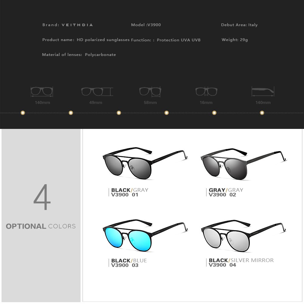 VEITHDIA, gafas de sol Unisex de acero inoxidable polarizadas UV400, gafas de sol redondas Vintage para hombre, accesorios para gafas para hombre 3900