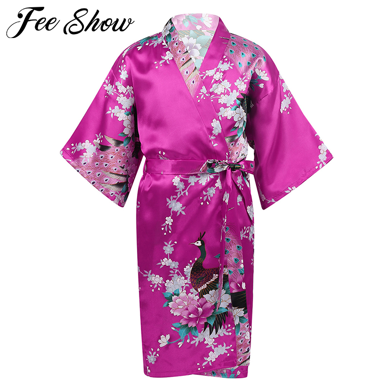 Blomma&påfågel kimono badrock barn flickor siden satin mjuk sovkläder sexig mini brud brudtärna bröllopsrock morgonrock