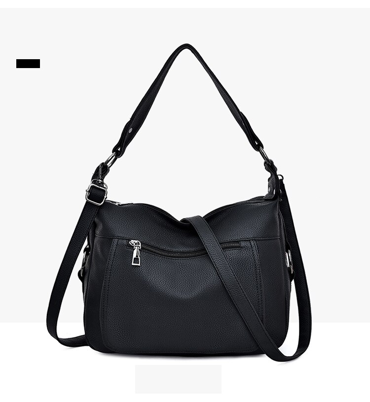 Pu læder dame skuldertaske klassisk blød crossbody taske dame messenger bag ensfarvet stor kapacitet: Sort