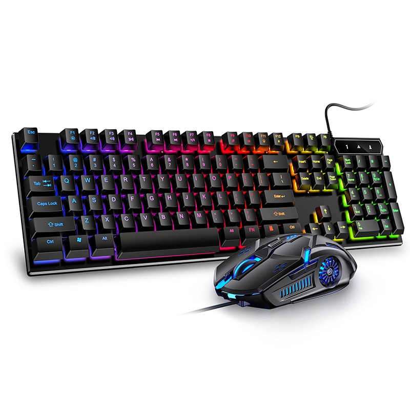 Teclado retroiluminado con cable para juegos, juegos de ratón con cable USB, 104 teclas, RGB mezclado, 3200DPI, para Noteboo