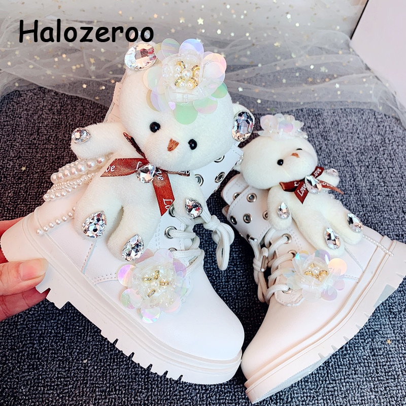 Botas de cuero de oso de Pu para niños, botines de motocicleta con diamantes de imitación blancos, zapatos de cálidos para invierno