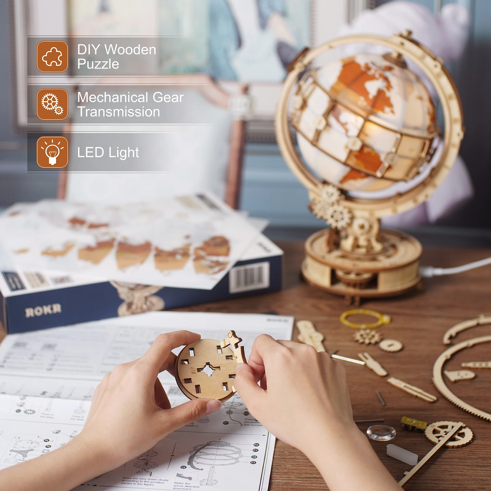 DIY wooden globe 3D puzzle assembly model toy ornament toy with lighting suitable as a birthday for children/adult