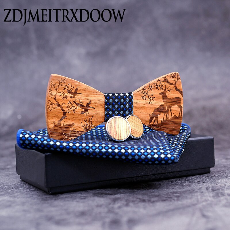 Conjunto de pajarita de madera + pañuelo + gemelos, pajaritas de madera Para el novio de boda, corbatas Para el hogar, bodas, alces de Navidad