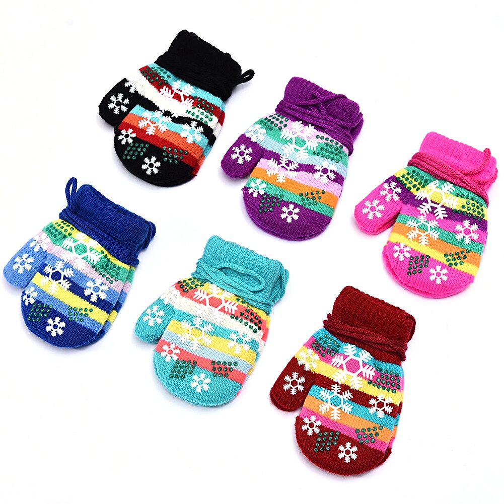 Winter Children's Warm Gloves for Baby Boys Girls Christmas Gloves Mittens Cute Knit Warm Finger Covered With Lanyard Kids