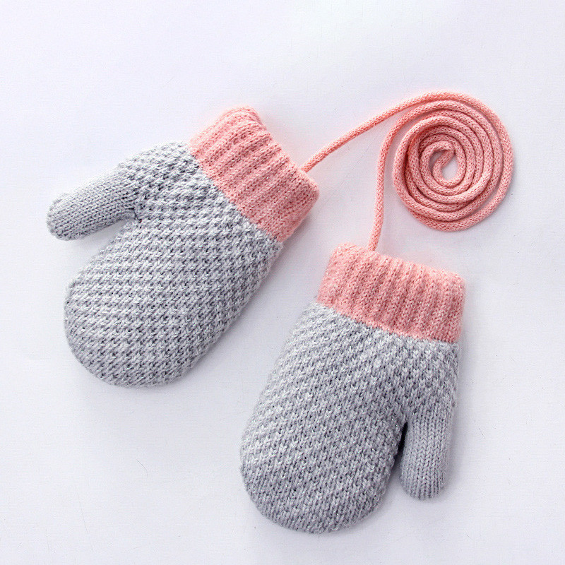 Los niños guantes de bebé guantes de lana de Merino bebé guante de terciopelo engrosamiento cálido caramelo lindo colgante de Color cuello chico guantes suaves: Gray