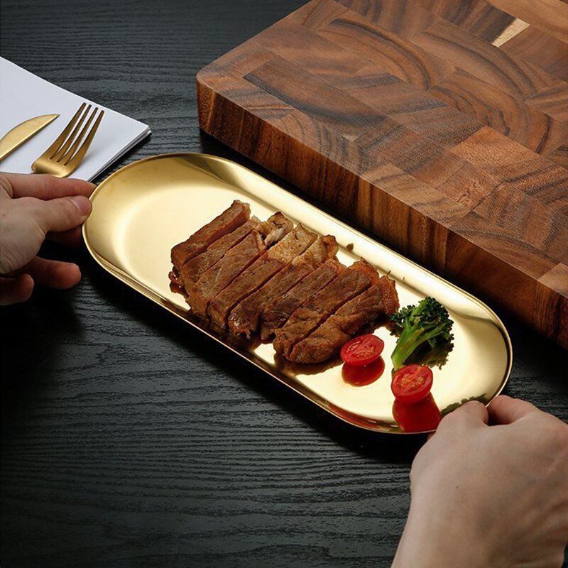 Edelstahl Gold Silber Essen Platte Nachtisch Platte murmeln Obst Kuchen Tablett Snack Küche Platte Western Steak Küche Platte Gericht