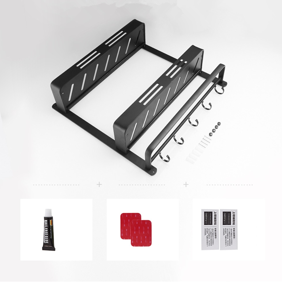 Sort badeværelseshylde brusekabine vægmonteret køkken badestativ med barkrog plads aluminiumshylder organizer opbevaring etagere
