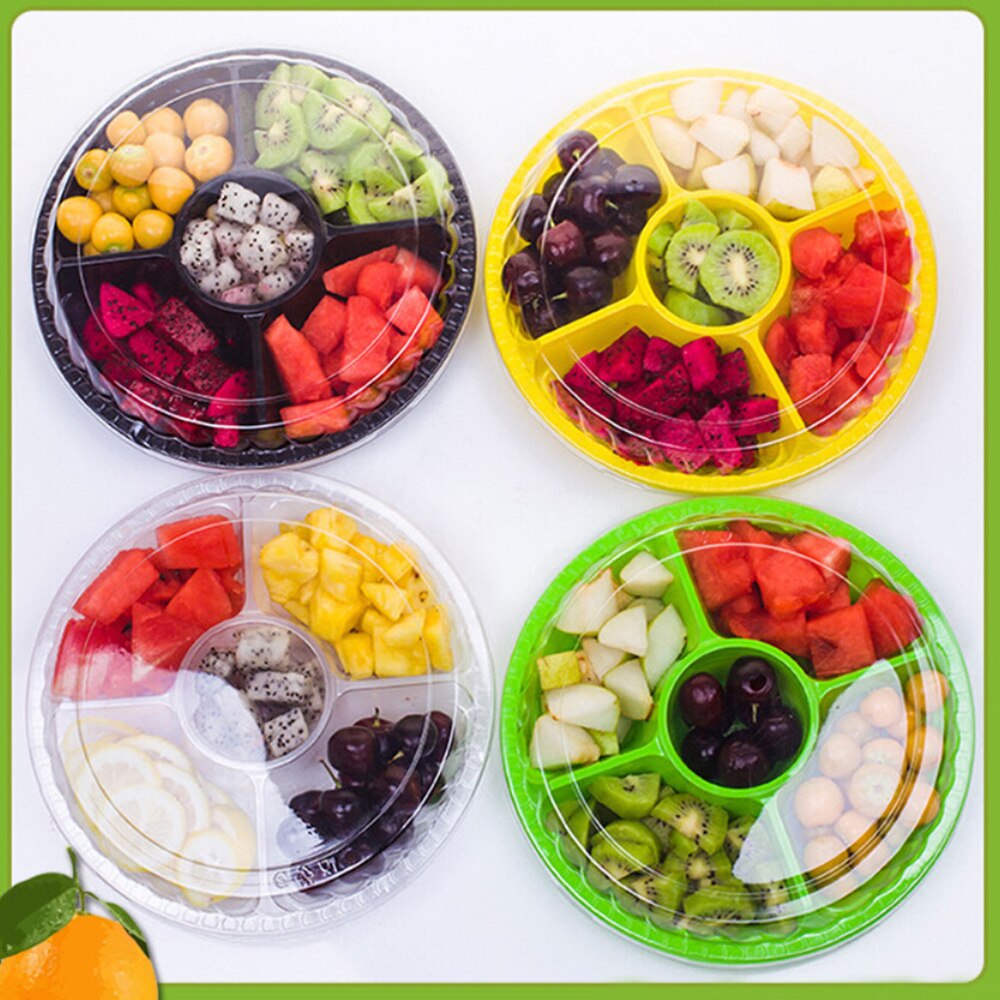 10PCS Disposable 5 Compartment Food Storage Containers Round Salad Fruits Box with Lids