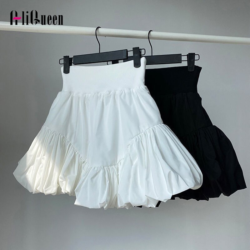 Black Wrap Rokken Vrouwen Zomer Koreaanse Onregelmatige Plisse Puffy Mini Rok Vrouwelijke Witte Hoge Taille Slanke Bud Korte Rok Plus size
