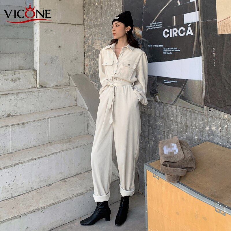 VICONE-combinaison pour femmes, 3 couleurs, velours côtelé, haute couture, combinaison à boutons, printemps