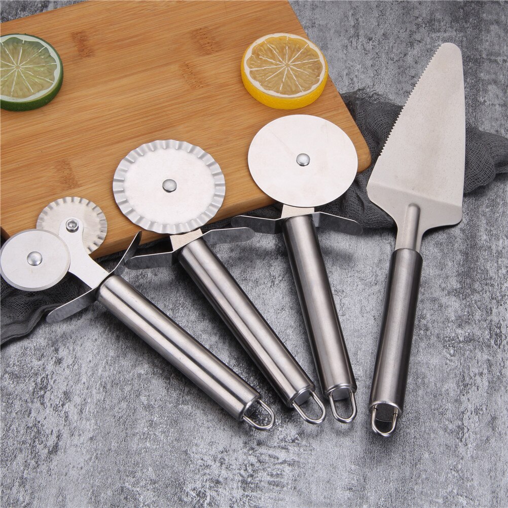 Keuken Pizza Tool 4 Patronen Pizza Cutter Rvs Dubbele Roller Pizza Mes Cutter Gebak Pasta Deeg Crimper
