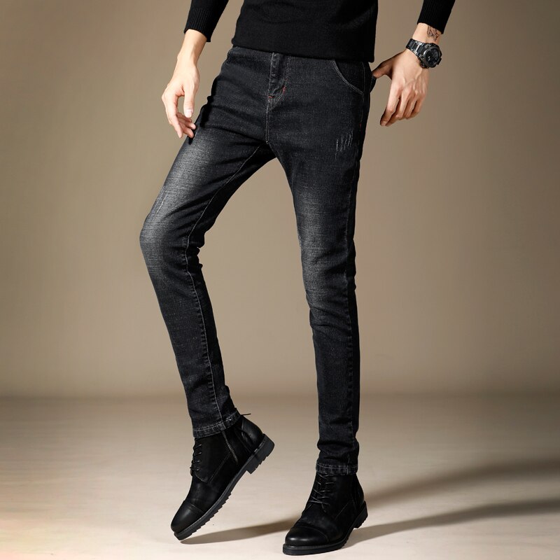 Våren herr jeans svart klassisk denim skinny jeans herr casual stretch slim fit byxor