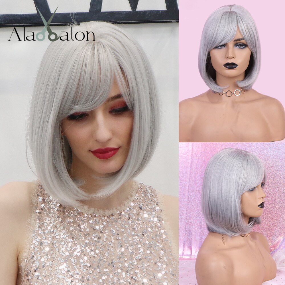 ALAN EATON Synthetic Hair Lady Short Wavy Wigs for Women Mix Brown Blonde Ash Wigs with Side Bangs High Temperature Fiber: ss180-2