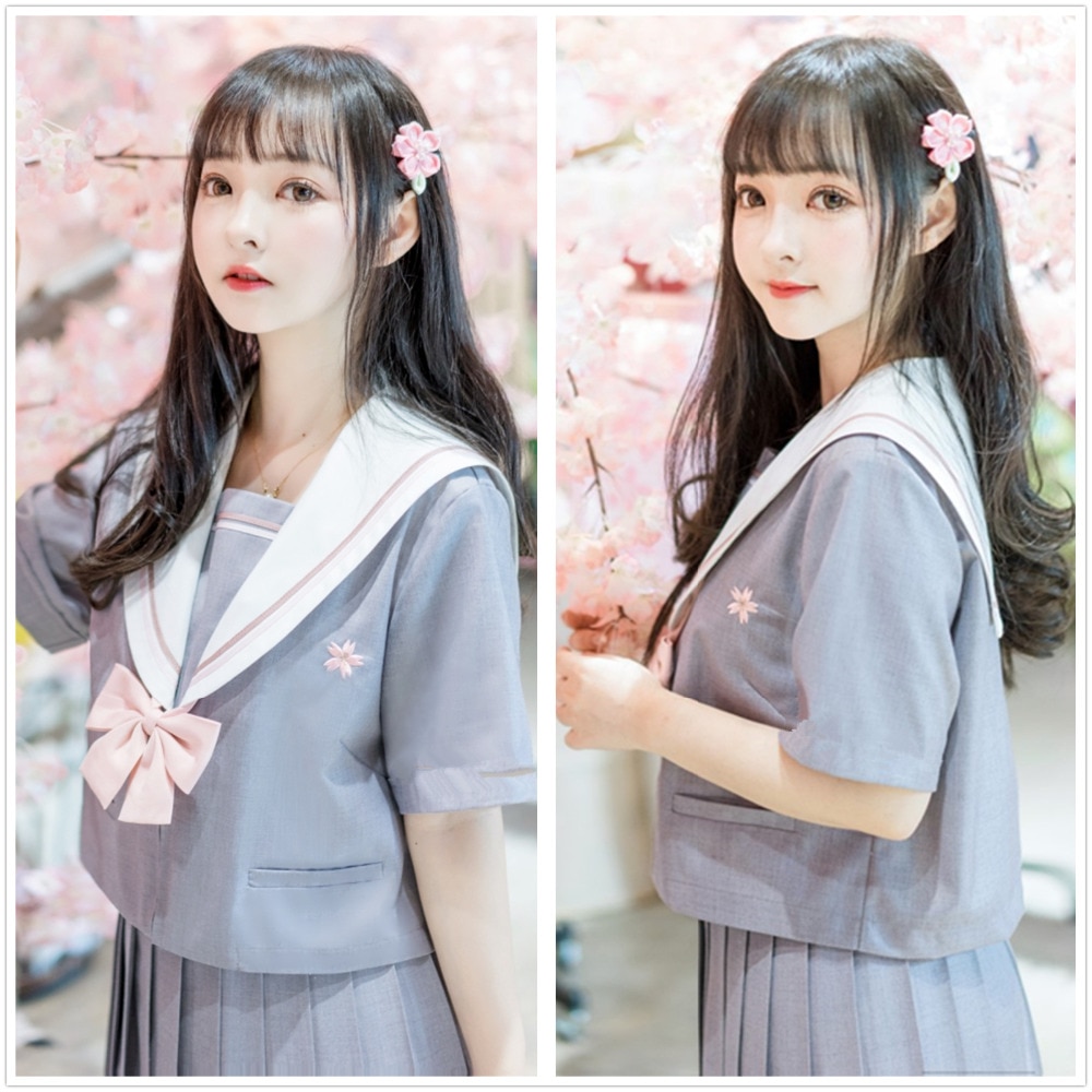 Autumn Summer Japanese School Uniform Harajuku Preppy Style JK School Uniform gray long short sleeves Women Suit