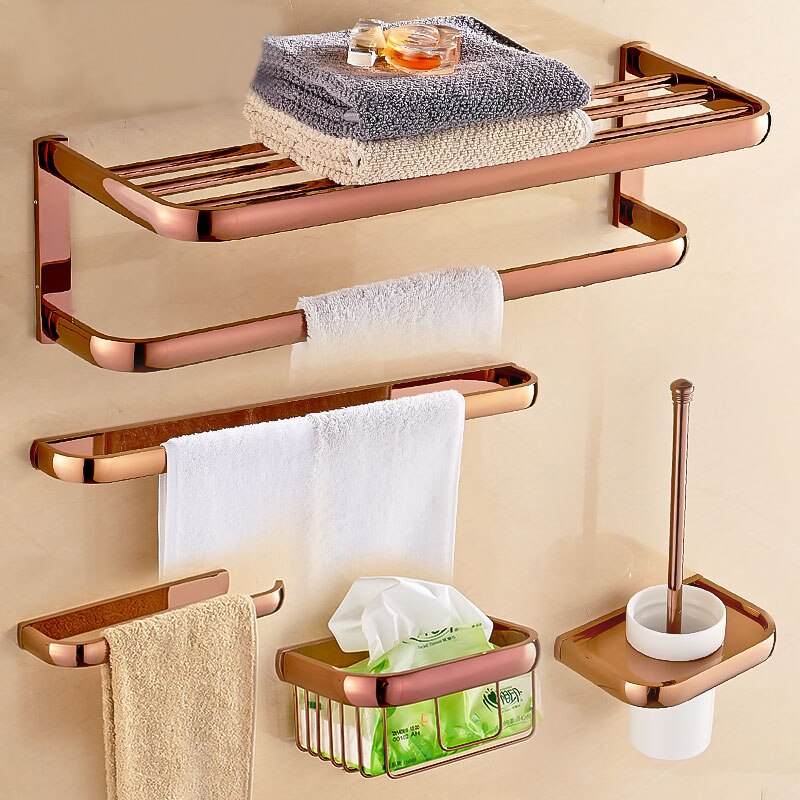 Rose Goud Kleur Messing Vierkante Badkamer Accessoires Handdoek Plank Houder Toiletrolhouder Wall Mounted Bad Hardware Sets