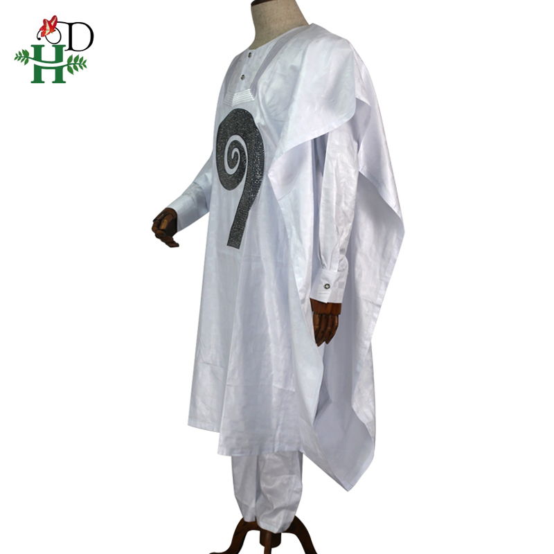 H & D 2020 agbada afryki mężczyźni odzież dashiki szata koszula spodnie 3 sztuk garnitur z dżetów afryki męska biały formalne strój PH8017