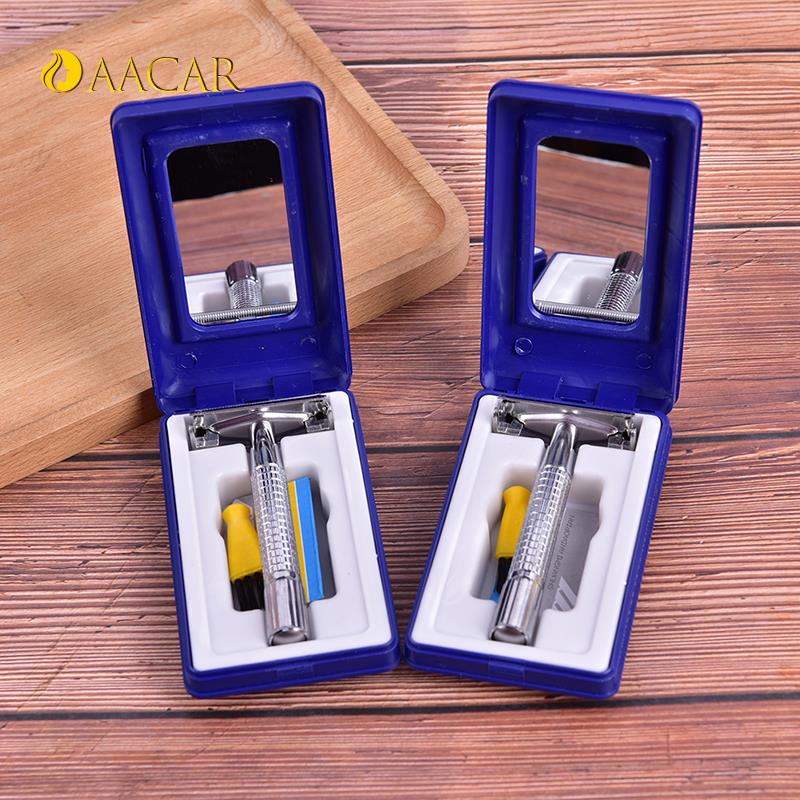 Maquinilla de afeitar Manual para hombres, maquinilla de afeitar de seguridad con doble filo cromado, con 1 y 1 cuchilla estuche de viaje , para el cuidado del cabello y la barba