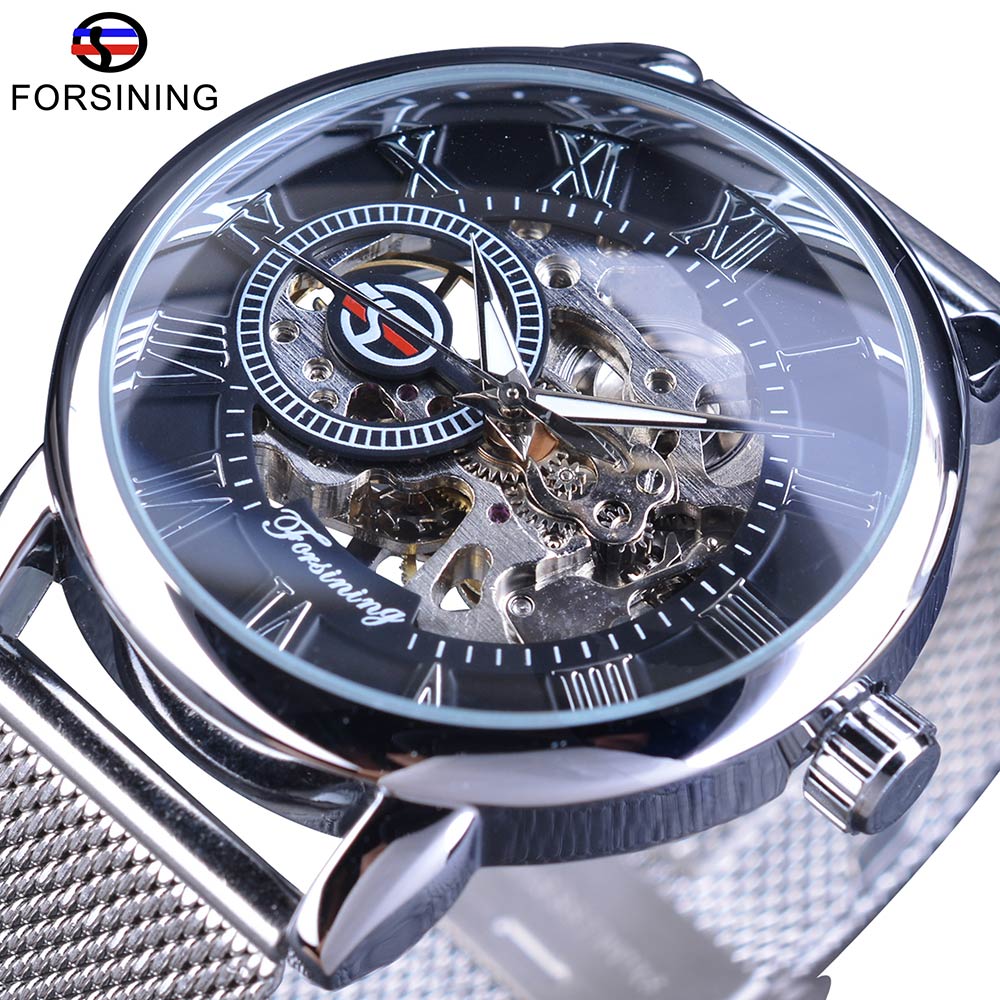 Forsining 3D squelette Royal rétro noir cadran doré montre mécanique bleu maille acier inoxydable bracelet lumineux montre-bracelet: Silver