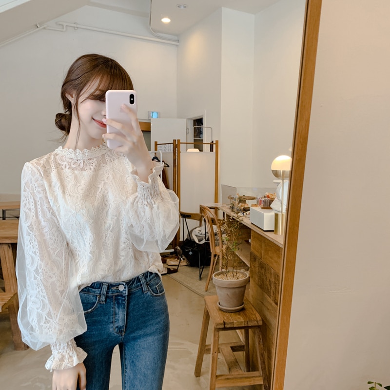 Dingaozlz dames kanten blouse korea stiksels mesh tops lantaarnmouwen wit chiffon shirt blusa