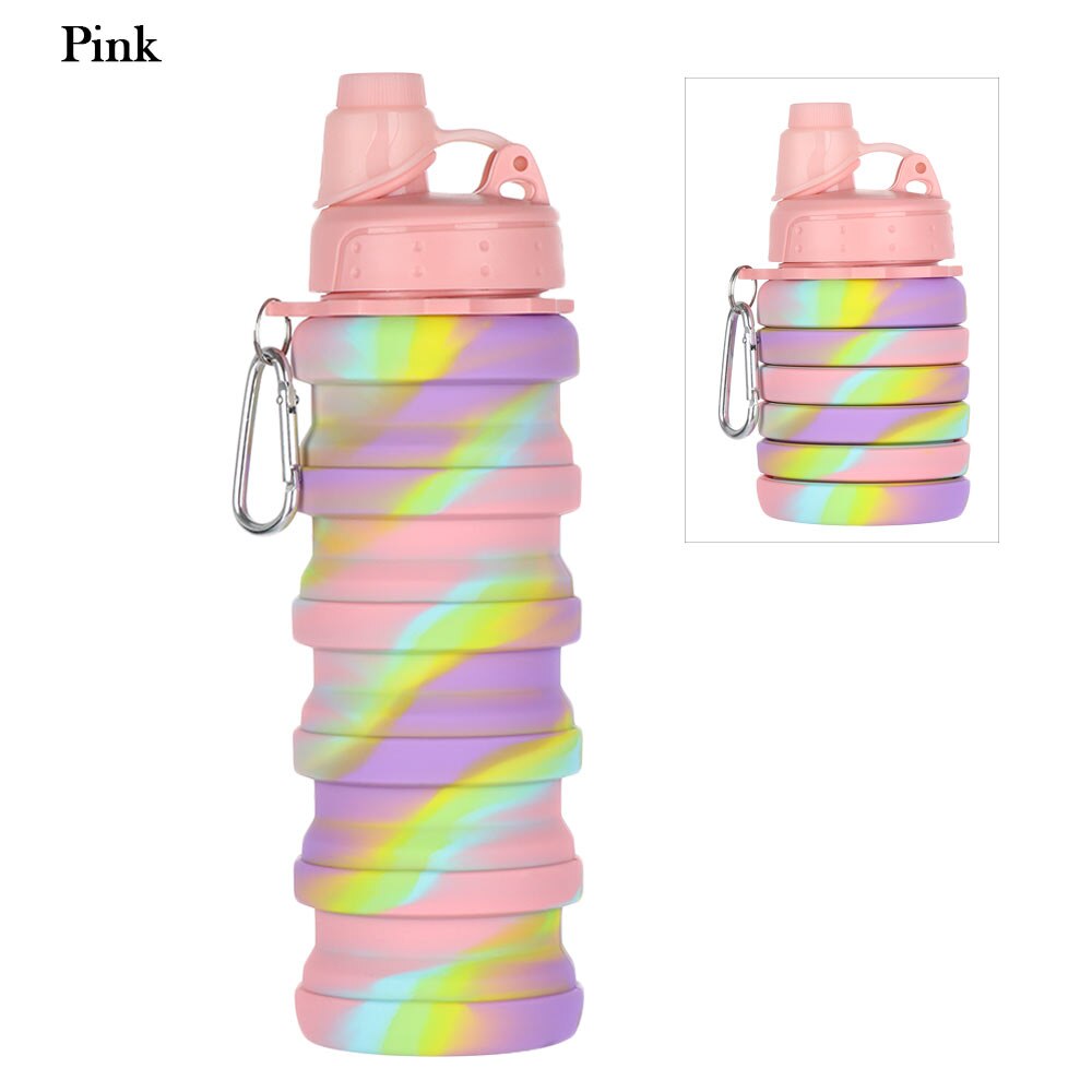 Draagbare Outdoor Opvouwbare Cups Siliconen Wandelen Camping Herbruikbare Fles Lekvrije Reizen Telescopische Water Fles Met Karabijnhaak: pink