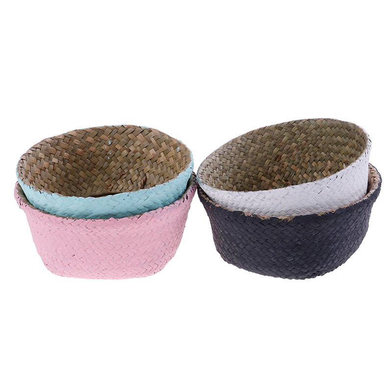 Handmade Wicker Basket Bamboo Seagrass Flower Pot Storage Basket Foldable Straw Patchwork Rattan Seagrass Belly Garden Decor
