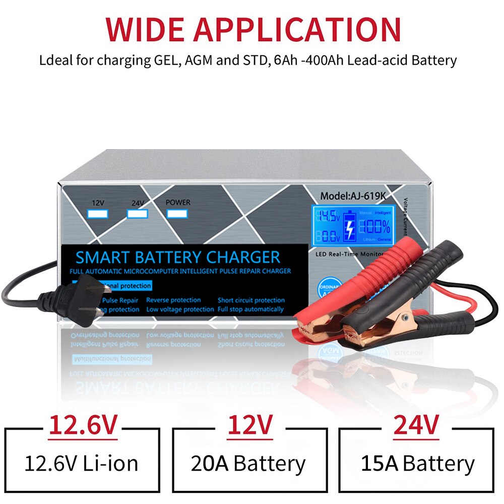 car battery charger pulse repair 12V 24V 15A for lithium iron lead acid AGM start-stop batteries motorcycle auto charger