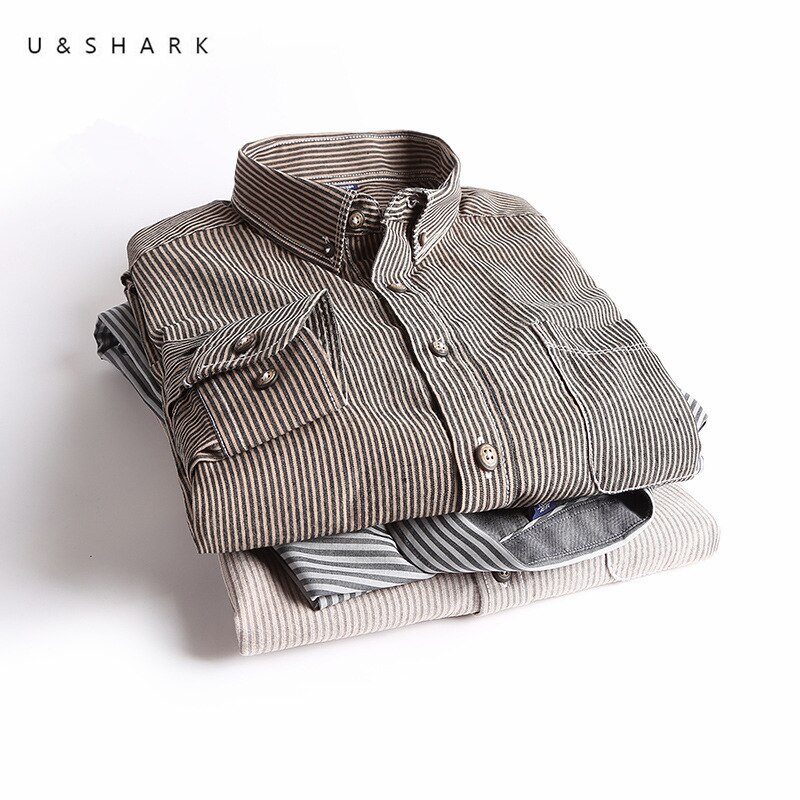 U & haj tynd stribet skjorte til mænd 100%  bomuldstøj brun afslappet skjorter regelmæssig pasform lange ærmer formelle skjorter stilfuld japan