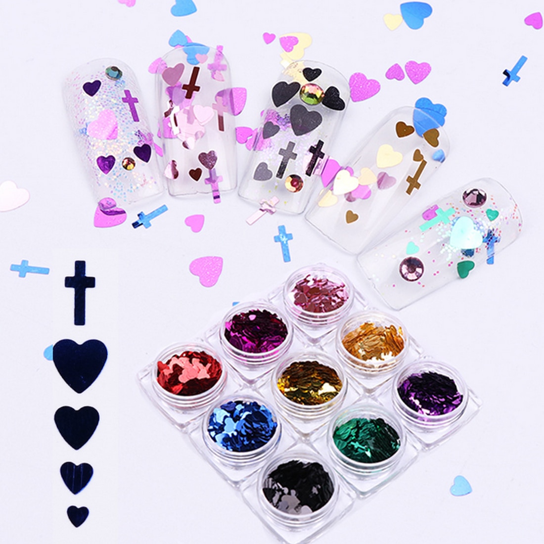 1 Doos 12 Kleuren Mix Grootte Hart Vorm Nail Pailletten Cross Vorm Vlokken Roze Paars Glitter Paillette Manicure Nail Art decoratie