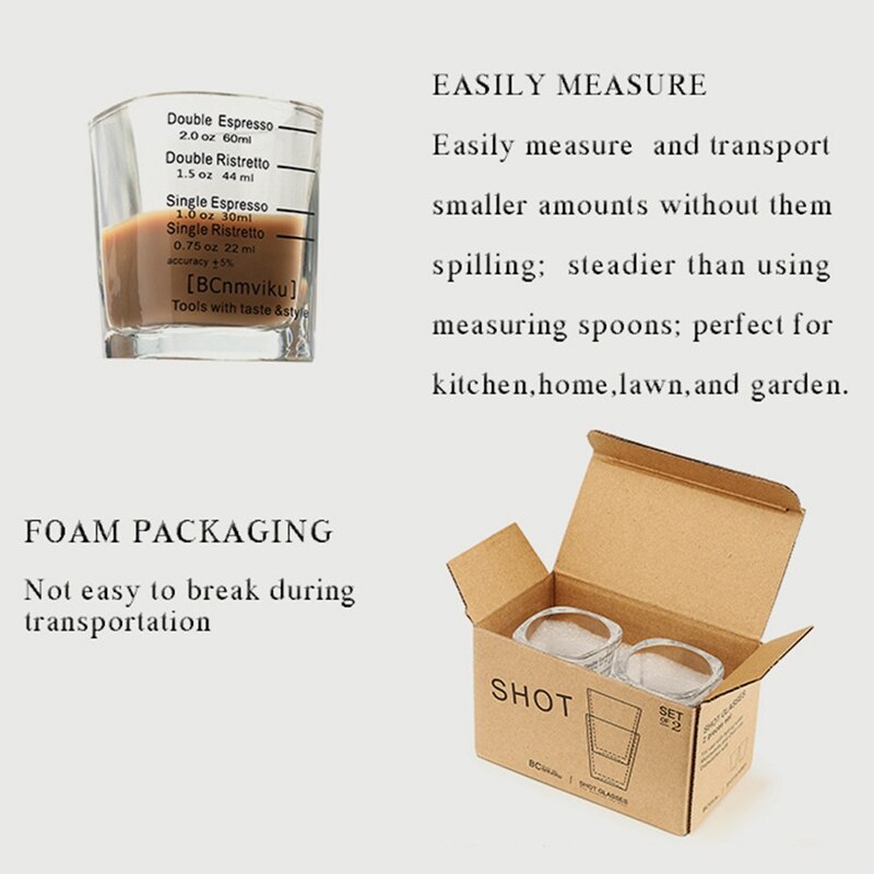 Square Espresso Shot Glasses 2 oz 60m Transparent Thickened Double Wall Ounce Cup 60ml Measuring Scales Coffee Cup