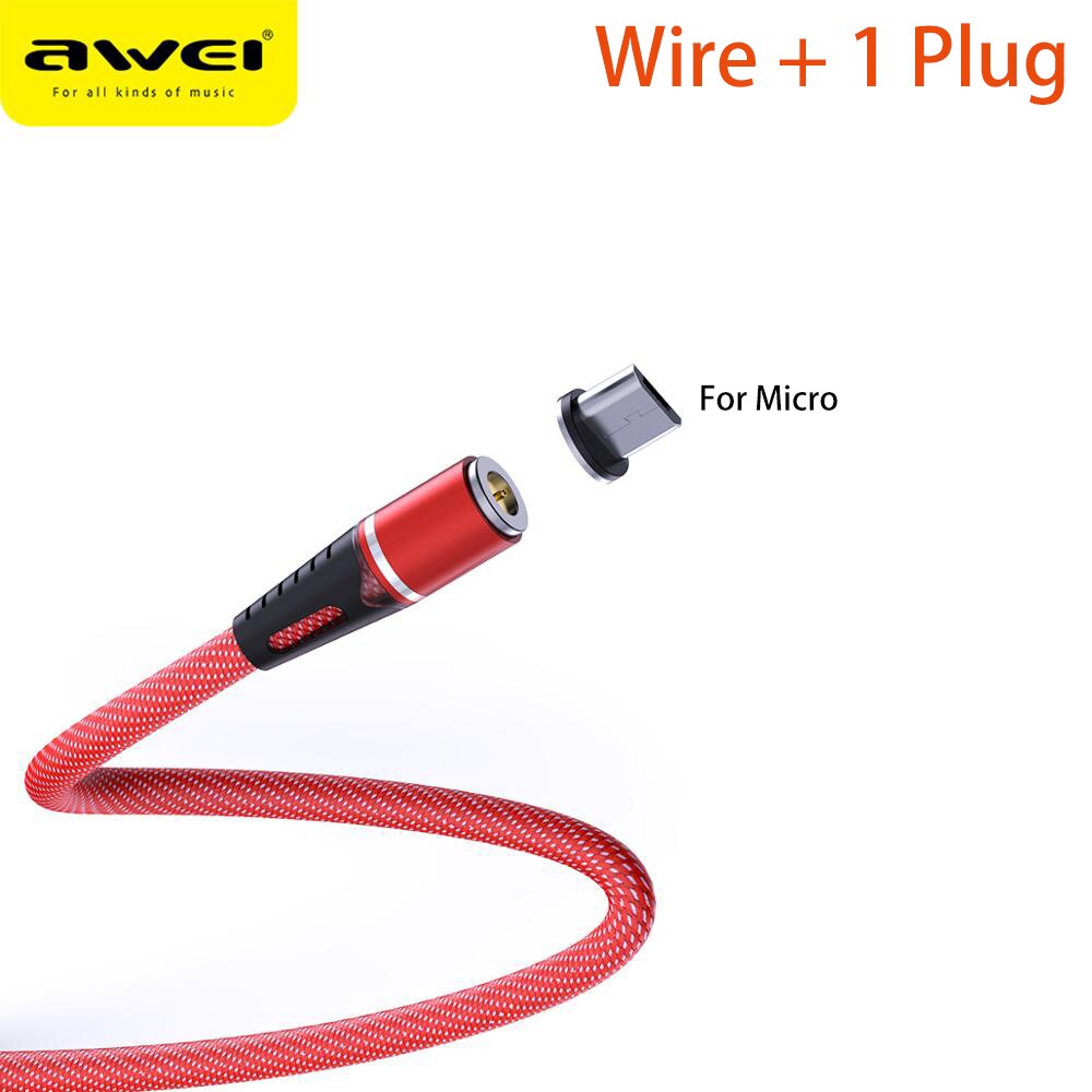 Awei led magnetische kabel 3 in 1 oplaadkabel snel 360 graden type c usb-kabel micro usb magnetische oplader snel voor mobiele telefoon: Rode micro