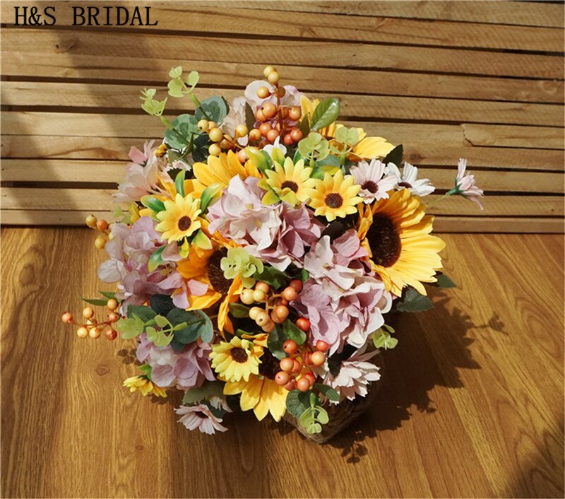 H &amp; S – bouquet de mariage avec poignée en dentelle, tournesol, fleurs de demoiselle d&#39;honneur jaunes, fleur artificielle de mariage