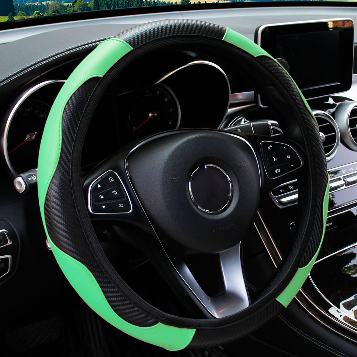 Juste de volant de voiture en cuir PU, fibre de carbone, sans anneau intérieur, adaptée aux amarans de 14.5 à 15, fournitures automobiles: vert clair