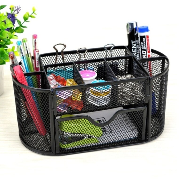 9 Storage Compartments Multi-functional Mesh Desk Organizer Pen Holder Stationery Storage Container Box Collection Caddy: Default Title
