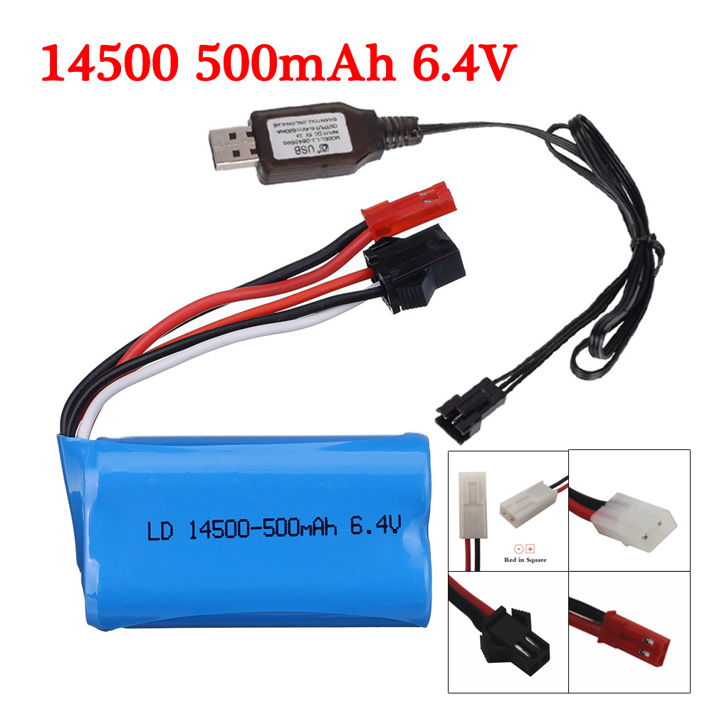 Batería de iones de litio de 6,4 v, 500mAh, con cargador USB, para Wltoys 18401, 18402, vehículo RC, 6,4 v, 14500, para juguetes, coches y barcos a control remoto