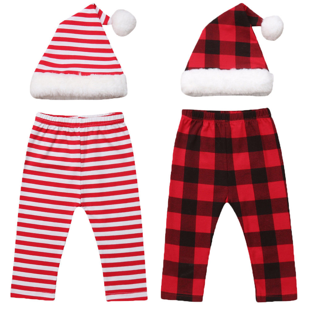 XMAS Newborn Baby Girls Boys Santa Plaid Striped Hat+Pants Outfits Set Photo Props Christmas Hat Costume