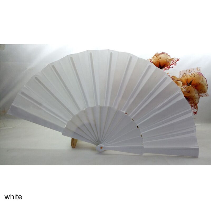 Abanico de plástico de poliéster y algodón para decoración del hogar, accesorio plegable de 13 colores, ideal para fiestas, baile al aire libre, portátil, 23cm de longitud, 1 Uds.: Blanco