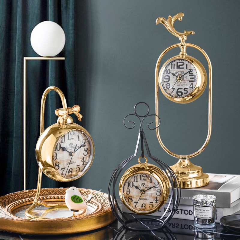 European Style Silent Retro Golden Desk Clock Living Room Decoration Bedroom Light Luxury Metal Desk Clock Decoration
