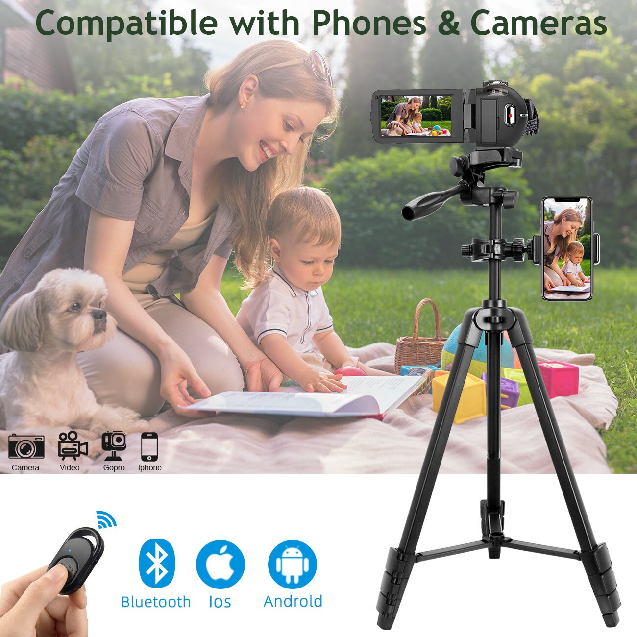 Tripod for Phone Lightweight Smartphone Camera Tripods with Phone Holder Bluetooth Photography Tripod for Canon Sony DSLR