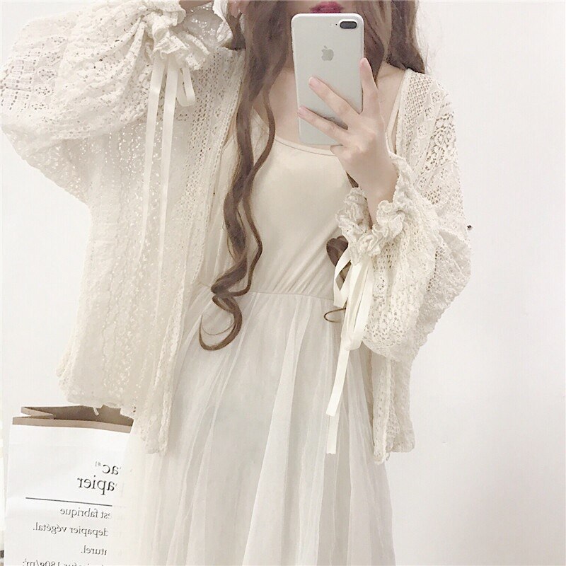 2020 mulheres verão estilo Coreano super fadas rendas lanterna manga solta de manga comprida mid-comprimento protetor solar cardigan: Apricot