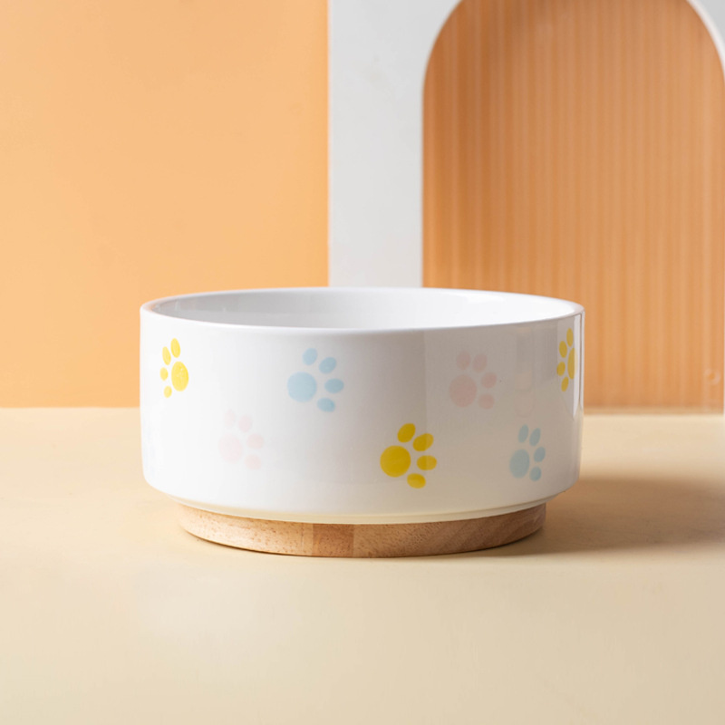 Ceramics Dog Bowl with Wood Mat Wide Mouth Feeding Bowls Food and Water Pet Feeder for Cat Puppy Protecting Cervical Spine: M / Orange