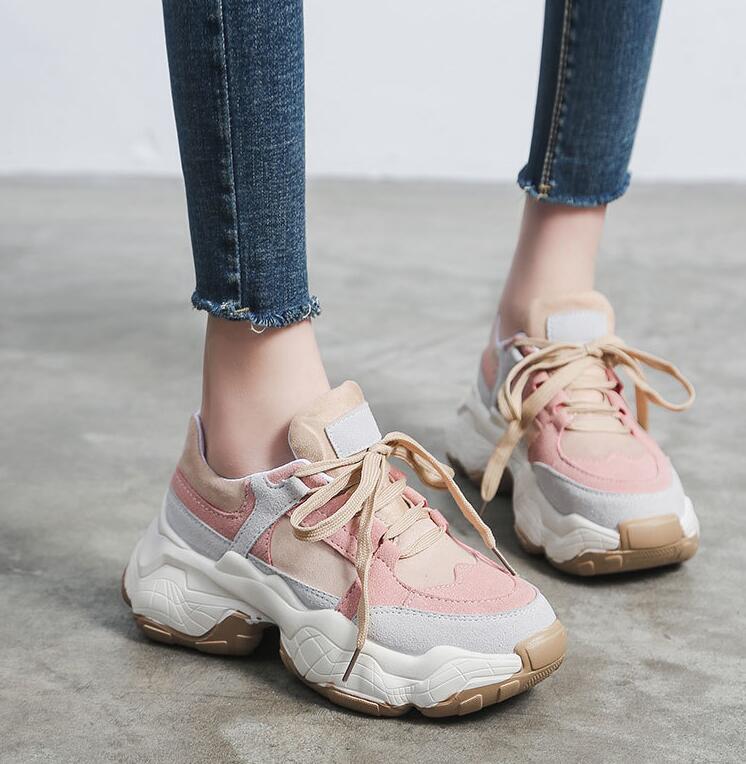 Women's Platform Sneakers - Chunky Lace-Up - Breathable Canvas Running Shoes - Akexiya: Pink / 6.5