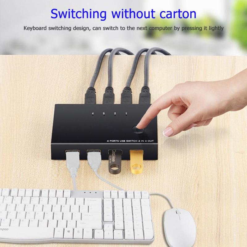 USB KVM Switch Box USB 2.0 Switcher 4 Port PCs Sharing 2 Devices Button Switching for Keyboard Mouse Printer Monitor