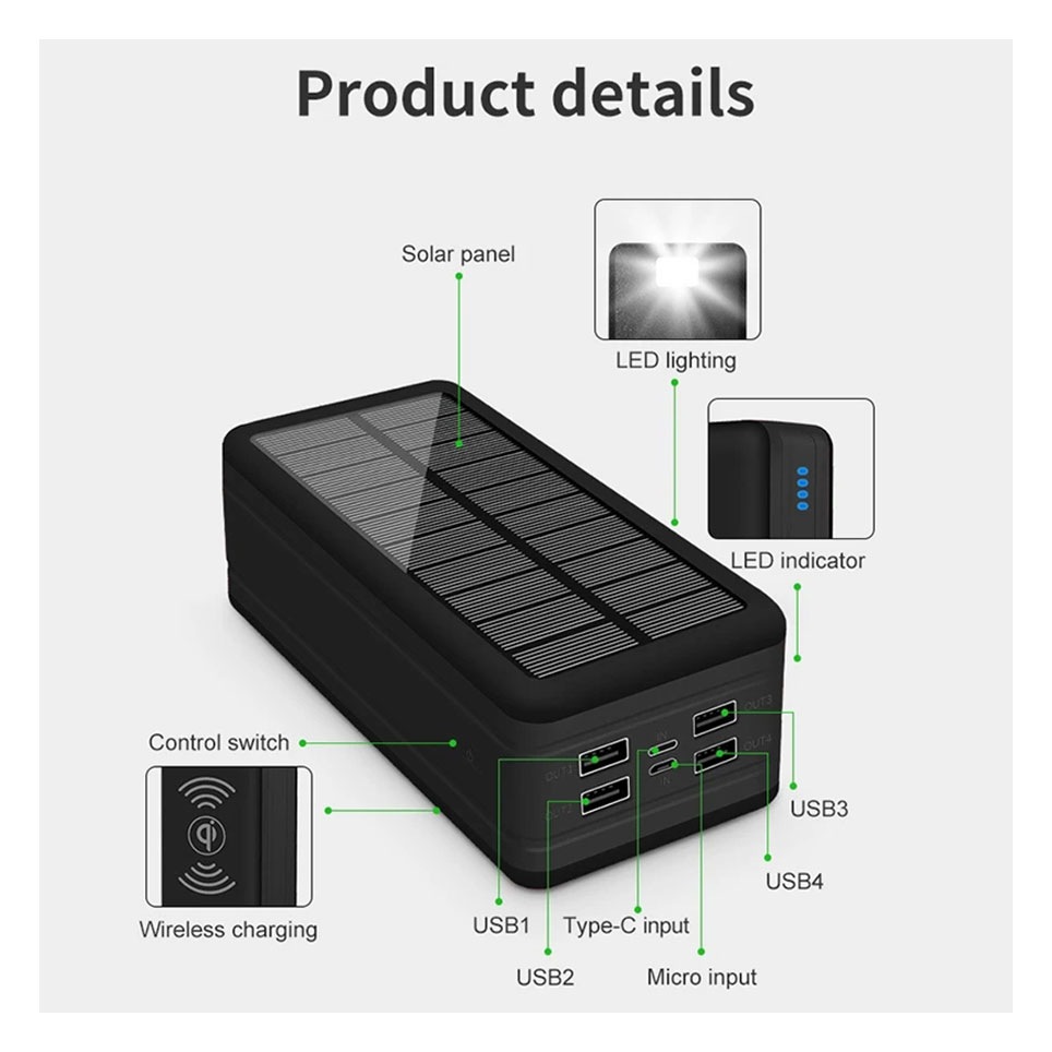 Solar Power Bank 10000mAh Solar Charging Mobile Phone Wireless Charging Large Capacity Battery External Battery Fast Charging