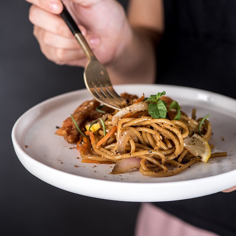 European white plate ceramic plate flat bottom round steak plate Western restaurant tableware cake pizza customization