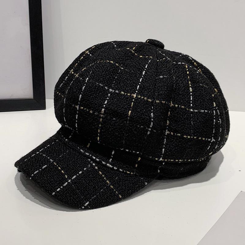 Boina negra para mujer, sombrero octogonal de otoño e invierno, gorra Retro de Pintor británico para mujer, gorra con patrón a cuadros para mujer, gorras, capó Vintage: Black