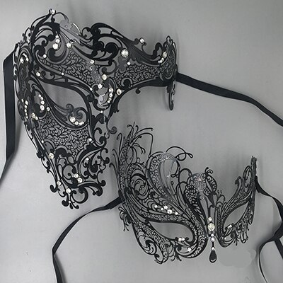 Hans & hennes par glitter strass metall filigran maskerad mask venetiansk kostym bal fest boll jul halv skalle mask: Svart