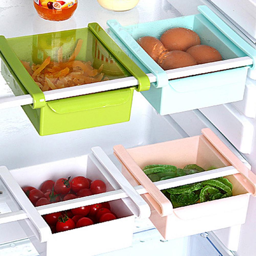 Køkken køleskab fryser glideskuffe type pladsbesparende mad frugt æg opbevaring arrangør rack hyldeholder plast opbevaringsskuffer