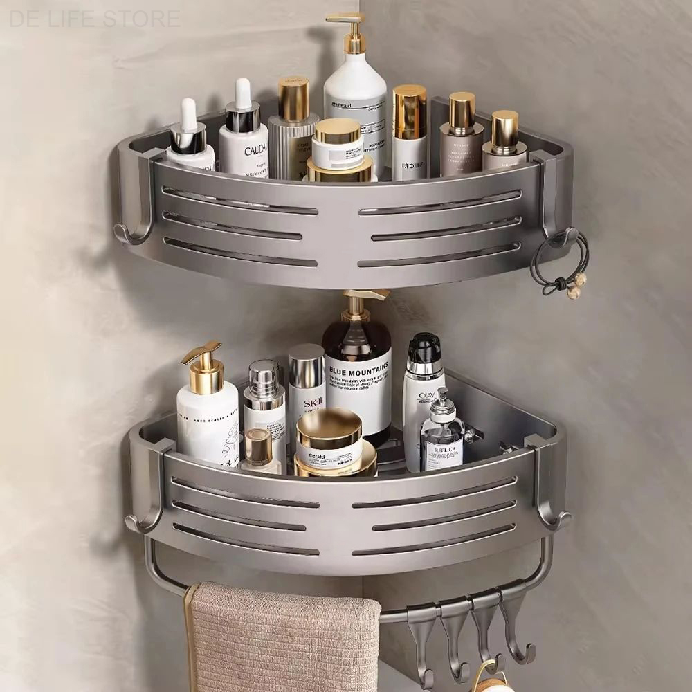 1-2PCS Badezimmer Eckregal mit Kunststoff Haken Handtuchhalter Kein Bohrenraum Aluminium Dusche Lagerregal Badezimmer Organizer